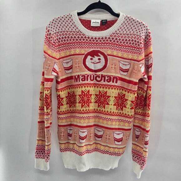 Maruchan Ramen Noodles White Red Peach Round Neck Holiday Sweater Size Large - Picture 1 of 9